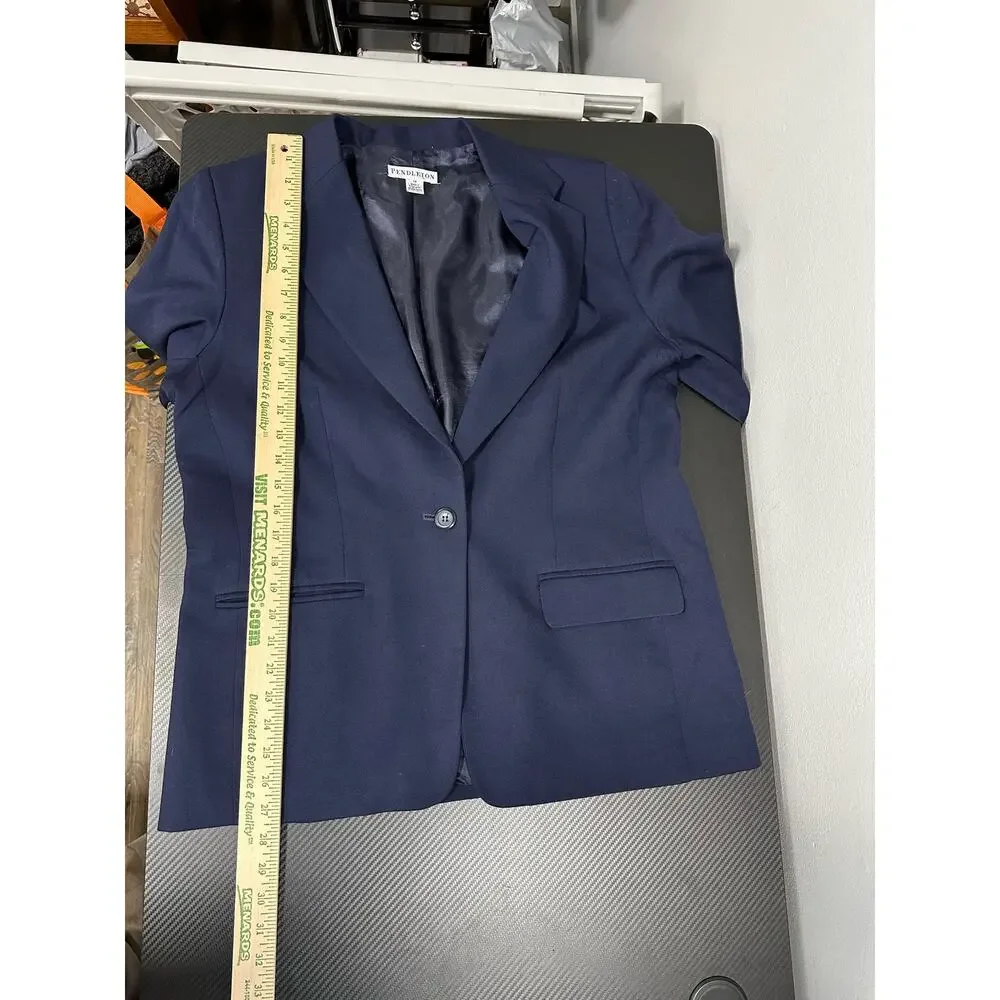 Pendleton Womens Virgin Wool Navy Blazer Size 14 Lined One Button Classic - Picture 5 of 13